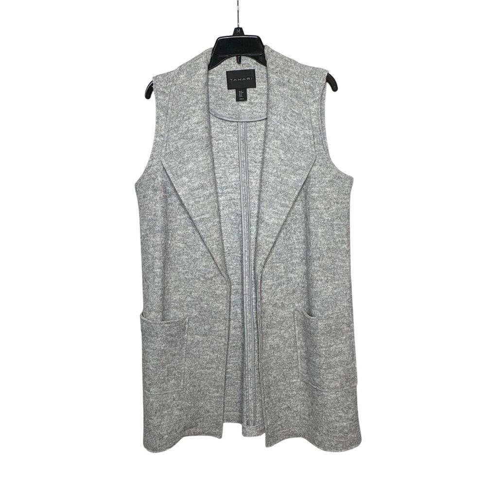 Tahari Wool Blend Quiet Luxury Sleeveless Longline Gray Cozy Vest Size Medium
